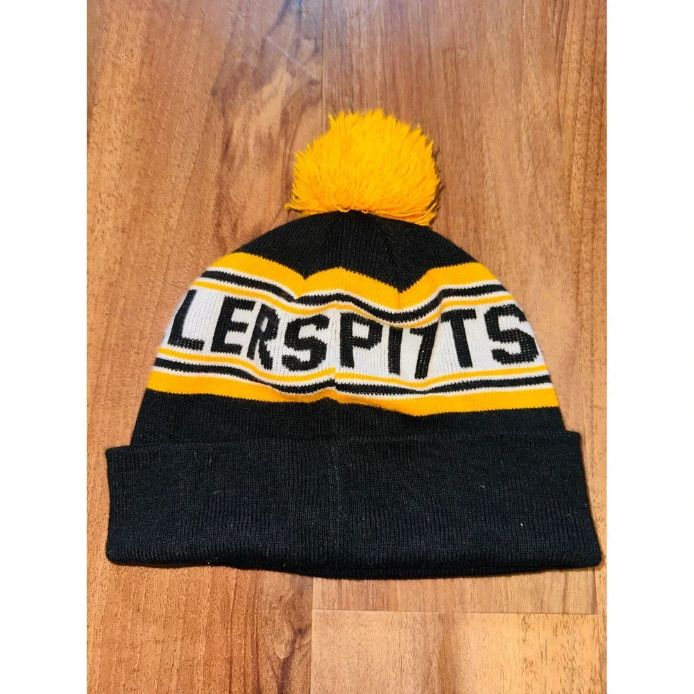 NFL Team Apparel Pittsburgh Steelers Youth Beanie Knit Hat Pom Cuffed Black Gold